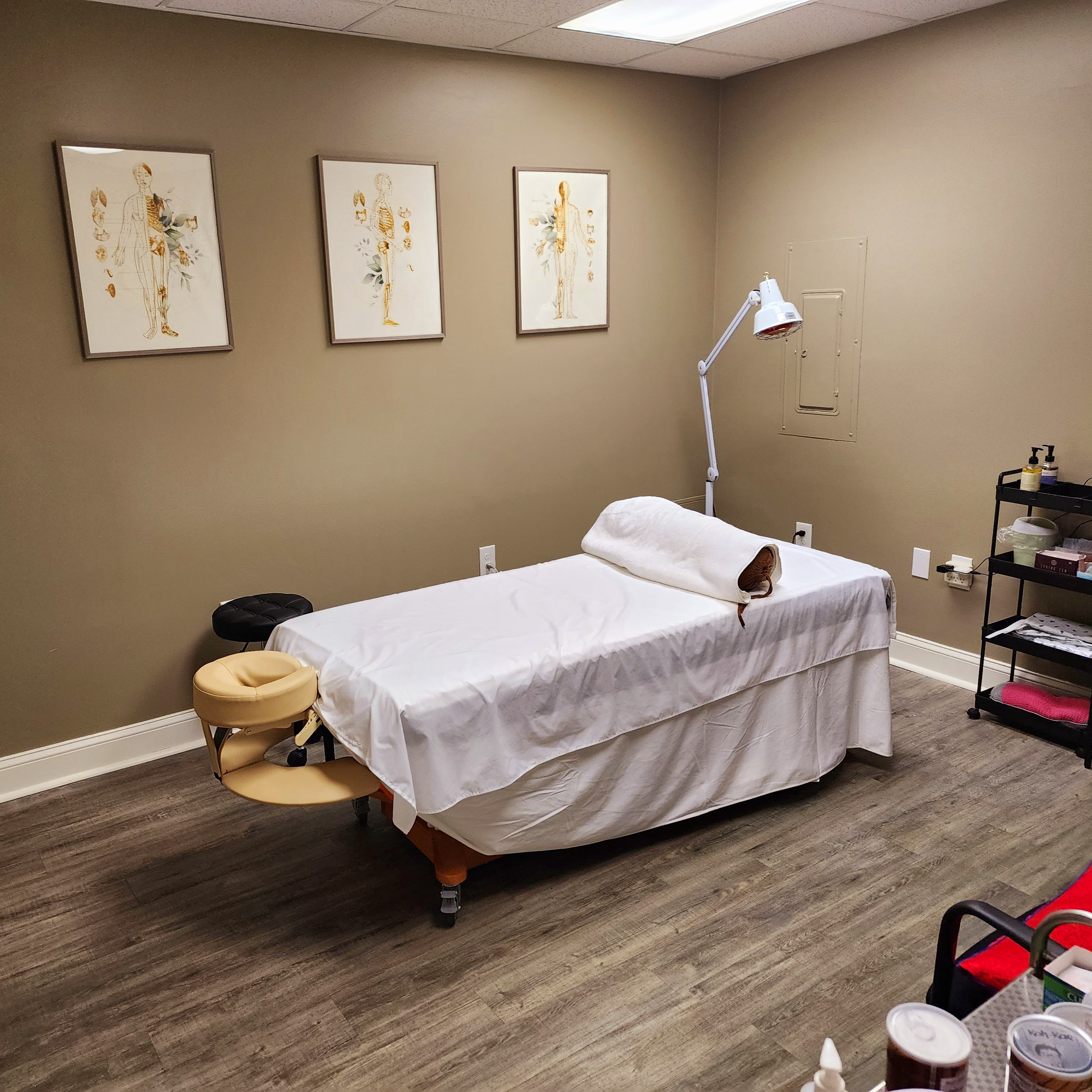 Treatment room with acupuncture meridian charts